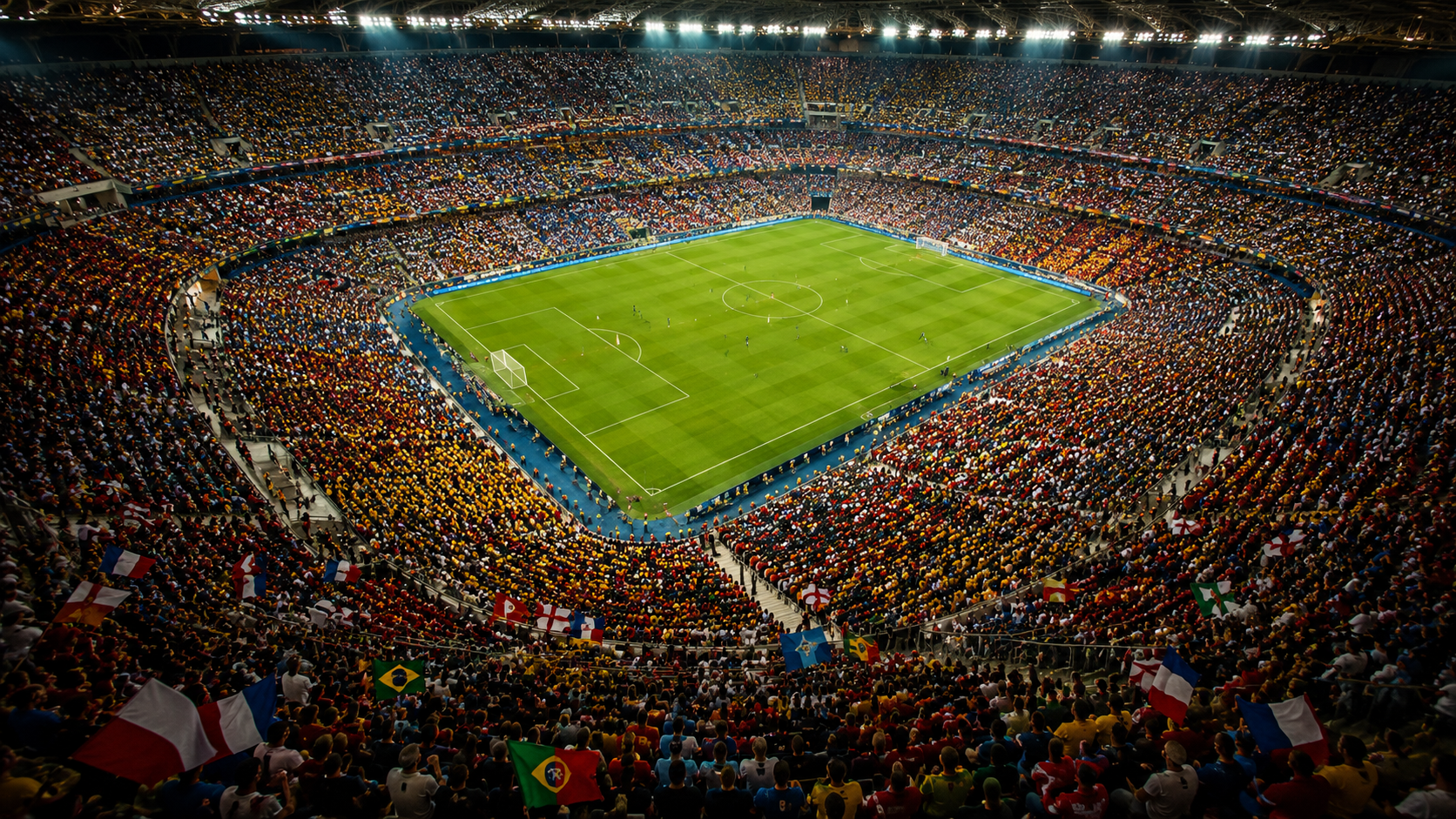 Aerial view of a packed football stadium during an international tournament, illustrating the scale and financial cost of major sporting events.